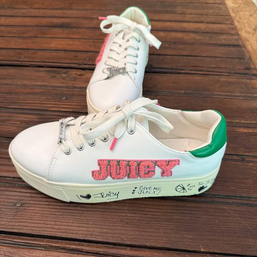 Juicy Couture Women White Platform Sneakers Green Pink Graffiti JC-BUMBLE2 7.5M